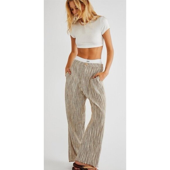 Free People Womens Brown Marta Yarn Dye Trouser Fringe‎ Hem Relaxed Fit Size 12 - Picture 2 of 9